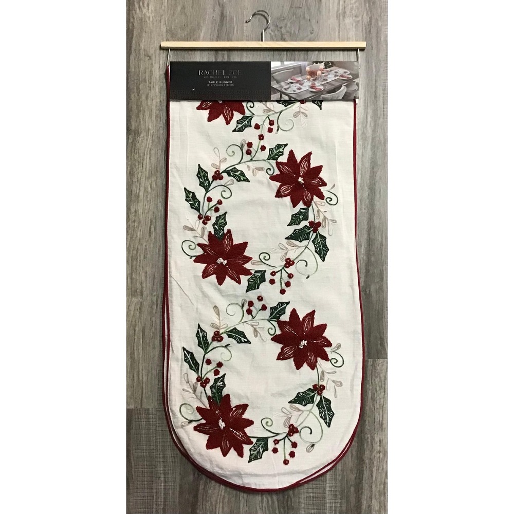 Rachel Zoe Christmas Table Runner Poinsettia Beaded Embroidered 16x72 Holiday